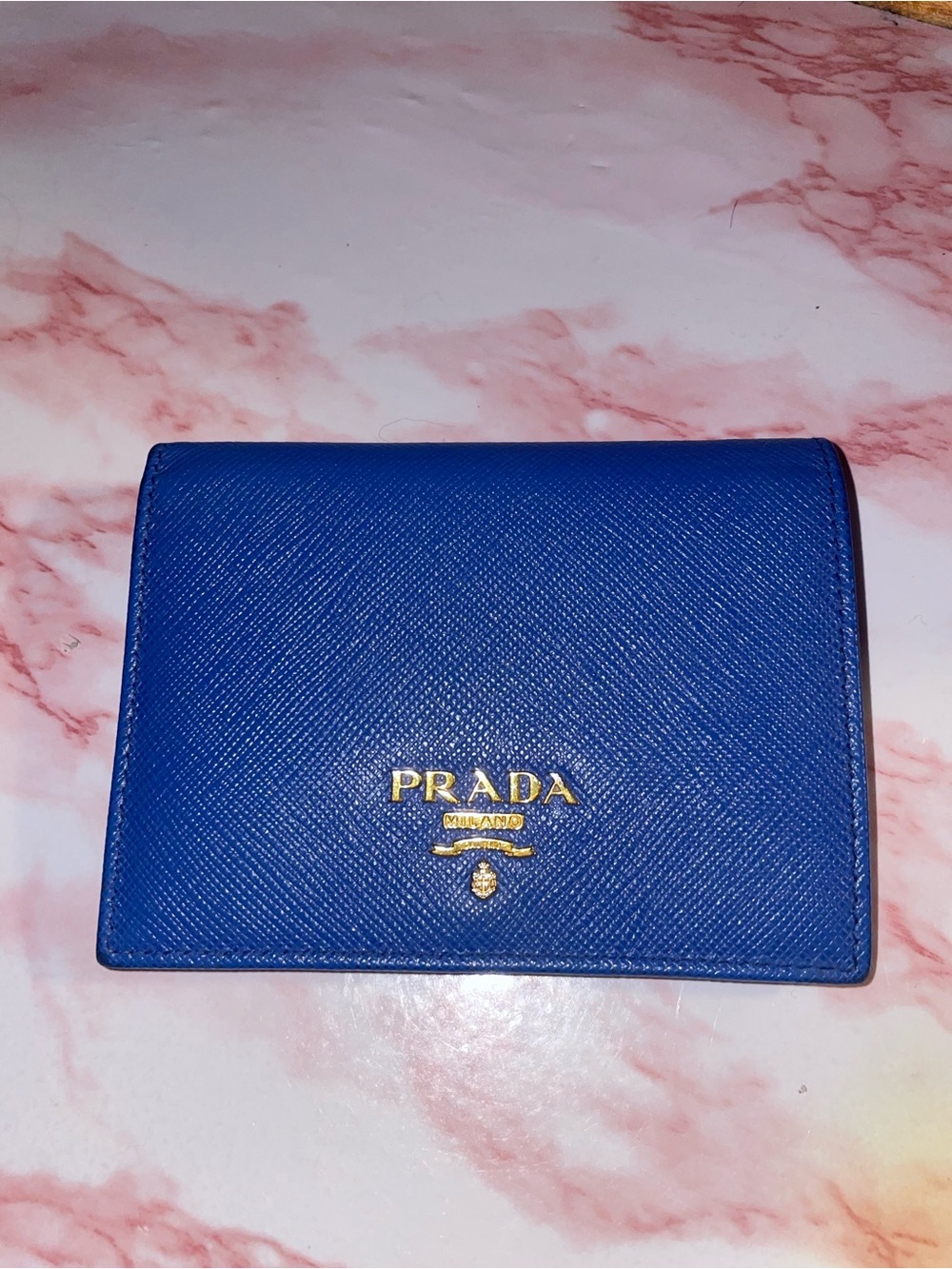 Prada Cobalt Saffiano Leather Card Case with Gold Logo